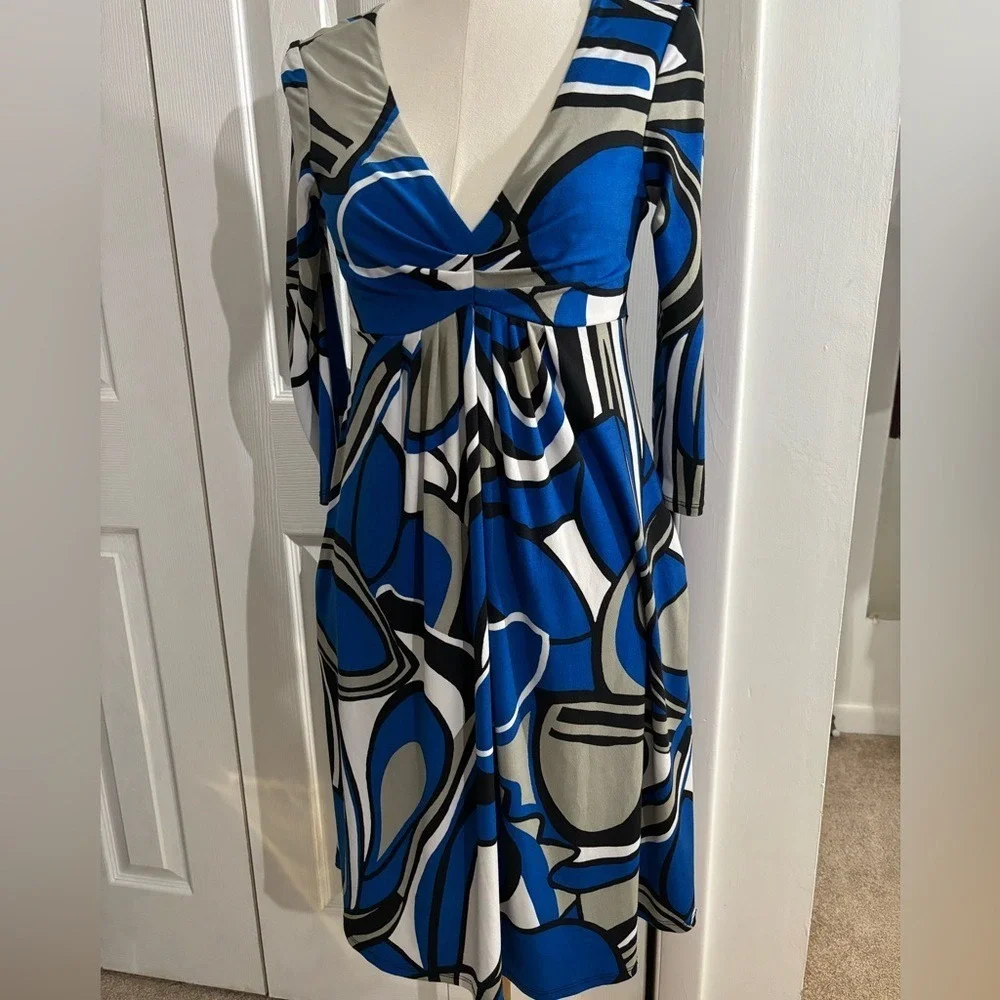 Bisou Bisou Blue Abstract Swirl Midi Dress Size 6 Stretch 3/4 Sleeve